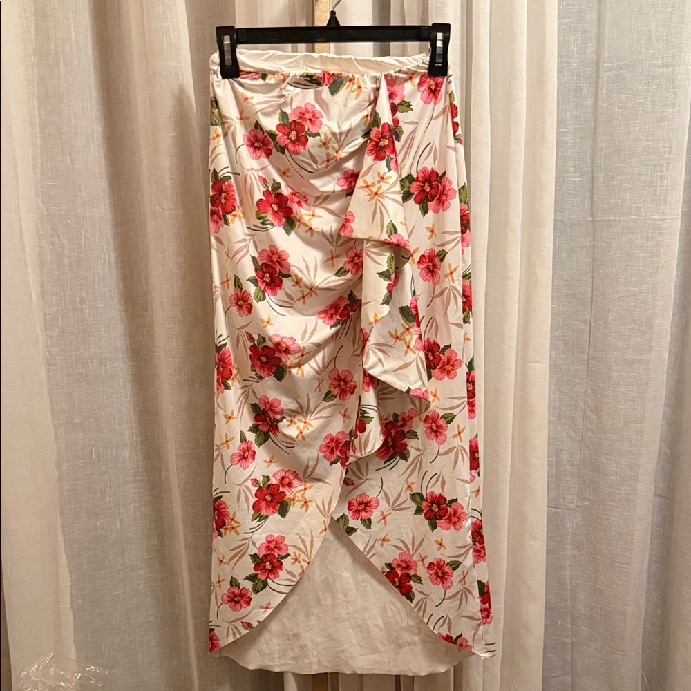 LoveShackFancy Asymmetrical Skirt with Pink Floral Design